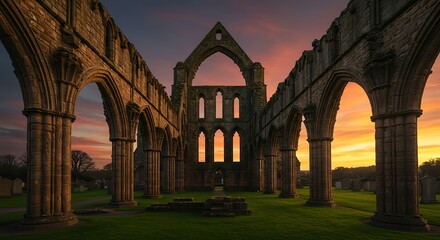Ancient stone abbey ruins against a vibrant sunset sky