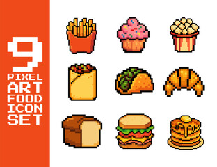 Pixel Art 8-Bit Food Icon Set – Fries, Cupcake, Popcorn, Burrito, Taco, Croissant, Bread, Burger, Pancake