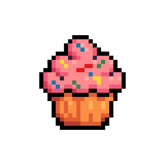 Cupcake Pixel Art Retro Dessert Food Icon in 8-Bit Style