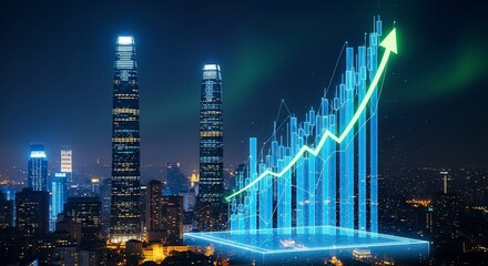 Ascending Graph Over Cityscape - Glowing Line Chart Soaring Above Urban Skyline at Night.