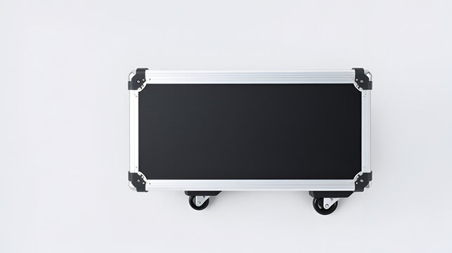 Black case on wheels. Shockproof case for expensive equipment. Concept case for multimedia or sound equipment. Boxing on wheels top view. Protective corps for transporting equipment.