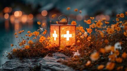 Glowing Swiss lantern with white cross motif, resting on rustic wood with alpine meadow in soft focus.