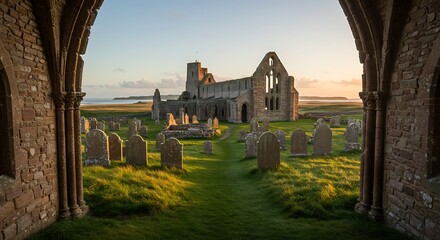 Ancient stone abbey ruins at sunset framed by archways and grassy landscape