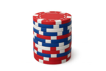 Stack of gambling poker chips with red, blue, and white colors, representing casino games and betting on transparent background