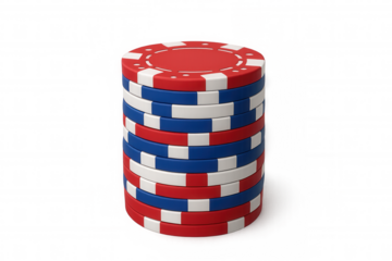 Stack of gambling poker chips with red, blue, and white colors, representing casino games and betting on transparent background