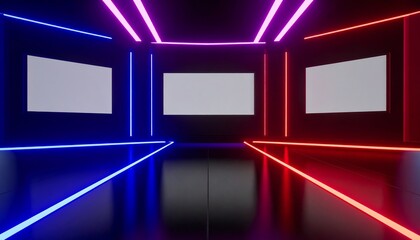 illustration of a studio, game show, news room setting, three plain white mock up boards
