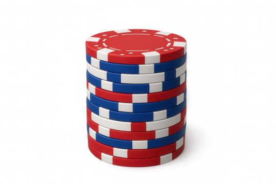 Stack of gambling poker chips with red, blue, and white colors, representing casino games and betting on transparent background