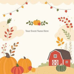 Autumn farm illustration with pumpkins, apples, red barn, autumn leaves, and rolling hills. Seasonal template with background space