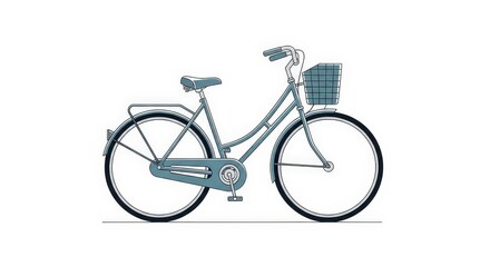 Fototapeta premium A side profile illustration of a classic light blue step-through bicycle with a front basket and rear rack on a white background.