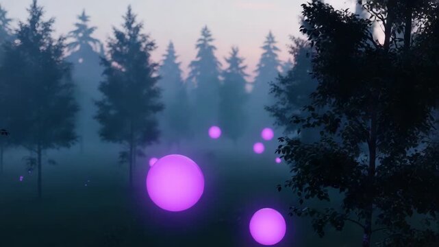 mystical misty forest at twilight showcasing numerous vibrant glowing purple spheres of various sizes floating above the dark ground and through the atmospheric fog interspersed among silhouetted tree