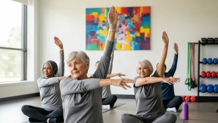 group of diverse older women are stretching and exercising indoors They sit cross-legged on mats raising one arm while extending the other across their chest Fitness equipment is visible - Powered by Adobe