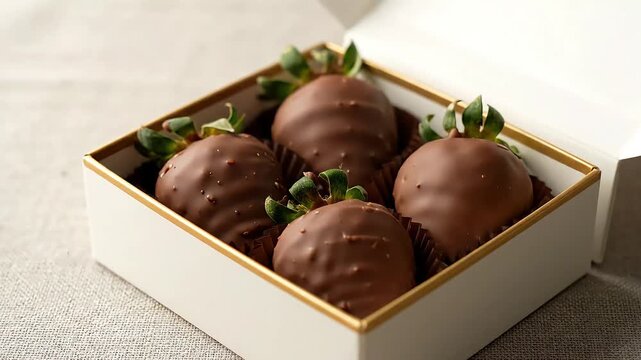 Elegant gift box of four gourmet chocolate covered strawberries a luxurious sweet treat perfect for romantic occasions special celebrations or a delectable dess