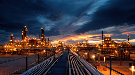 "Oil Refinery at Sunset with Illuminated Industrial Landscape"