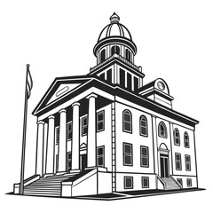 Classic neoclassical courthouse building with a prominent dome and columns featuring a flagpole with a flag in front