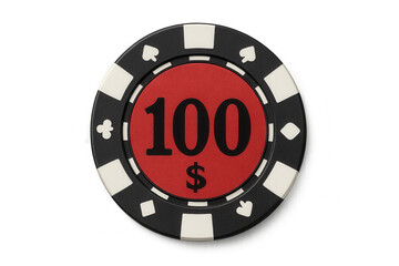 Poker chip with 100 dollar value, casino gambling game betting payment on transparent background