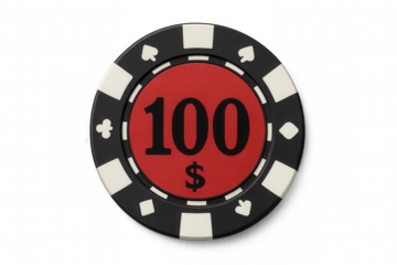 Poker chip with 100 dollar value, casino gambling game betting payment on transparent background