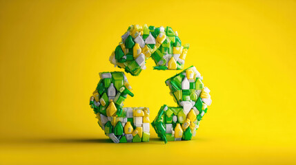 "Recycling Symbol Made of Plastic Bottles on Yellow Background"