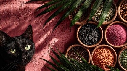 A black cat observing ingredients bowls, creative food presentation on a pink background