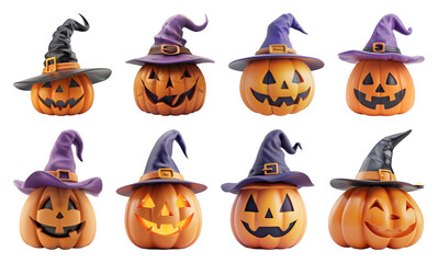 PNG Smiling pumpkins with witch hats, element set on transparent background