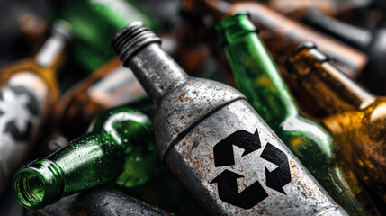 “Recycling Symbol on Bottle with Glass Waste”