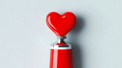 Close-up red acrylic paint tube, heart-shaped cap, light gray background
