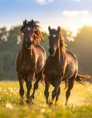 Obraz premium Two brown horses galloping in a field at sunset