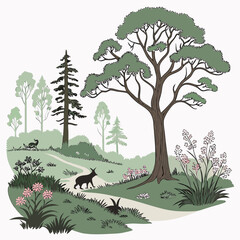 Scenic forest landscape with deer, rabbit, and wildflowers