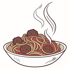 Illustration of a bowl of spaghetti with meatballs and sauce