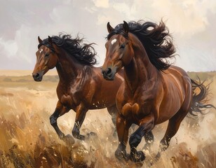 Fototapeta premium Two brown horses galloping in a field