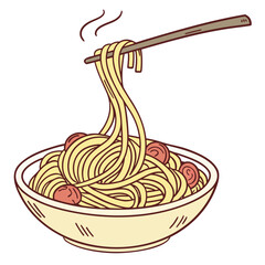 Illustration of a bowl of spaghetti with chopsticks
