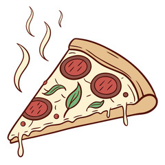 A slice of pepperoni pizza with melted cheese and basil