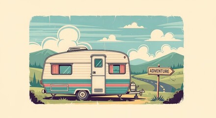 Obraz premium A retro camper trailer parked in a scenic mountain landscape with a road sign pointing towards adventure.