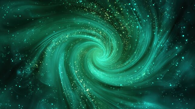 Abstract, swirling teal vortex, a cosmic display with golden dust particles, dark background