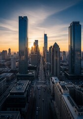 Aerial View of City Skyscrapers at Sunset with Road and Traffic