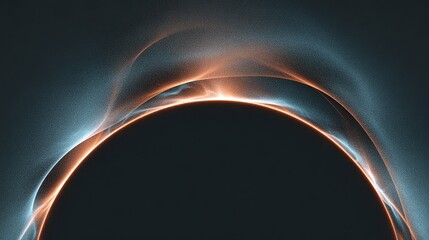 Abstract ethereal digital artwork. A dark sphere with glowing arcs of light, orange and blue hues