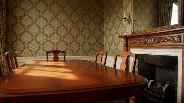 Luxurious Elegant Dining Room Interior with Ornate Gold and Green Wallpaper Polished Wooden Table and Classic Fireplace Mantelpiece