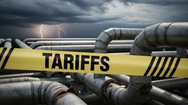 yellow caution tape with TARIFFS blocks complex network of industrial pipes A stormy sky with lightning illuminates the turbulent scene symbolizing economic instability and trade barriers
