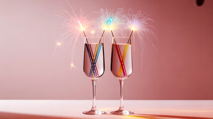 Elegant champagne flutes product shot on soft pastel pink background