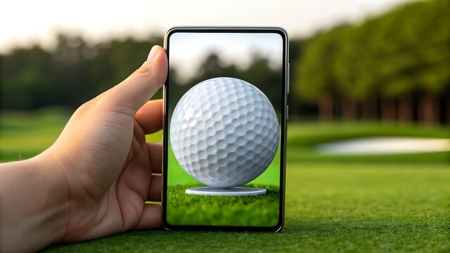 Golf ball on course displayed through smartphone screen outdoors
