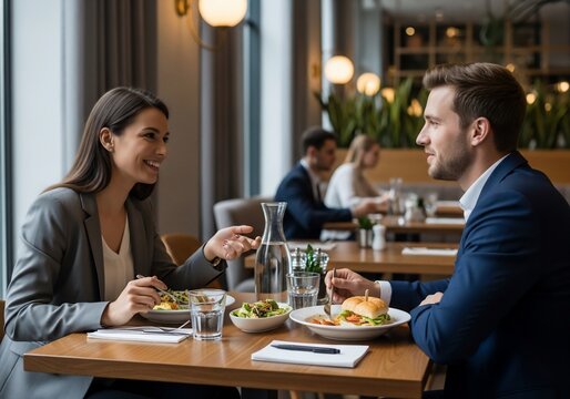 Business Lunch Meeting: Smiling Colleagues Enjoying Healthy Meal