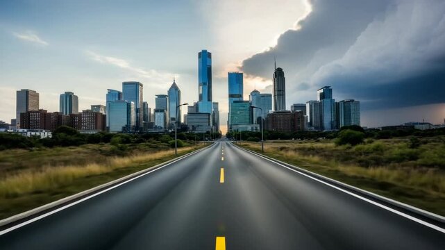 long empty road leads to modern city skyline of glass skyscrapers and traditional buildings bordered by dry grass The sky is dramatically split bright and cloudy on the left dark and stormy right