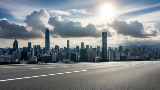 empty modern asphalt road with white markings leads towards dense cityscape featuring numerous skyscrapers under dramatic sky with sunlight piercing through large dark clouds and distant mountains