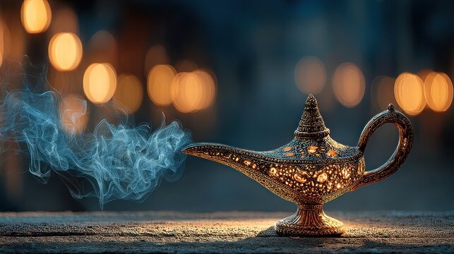 Mystical Genie Lamp with Smoke and Bokeh Lights on a Textured Surface