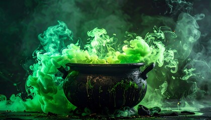 Eerie Green Smoke Billows from Ancient Witch's Cauldron, Mystical Potion Brewing