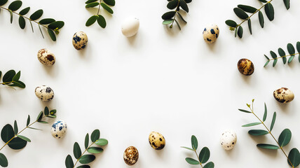 Flat lay Easter eggs, green leaves, decorative arrangement, pure white background