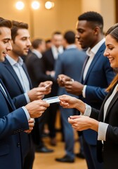 Businesspeople Exchange Business Cards at Networking Event