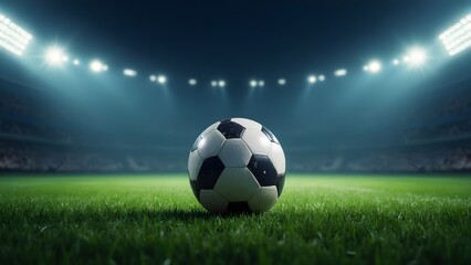 Fototapeta premium Soccer Ball on Illuminated Field – Realistic Sports Photo