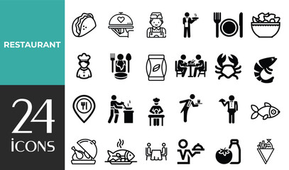 Restaurant & Food Service set of web icons in line style. Editable stroke icons including menus, meals, dining, drinks, cafes, bars, delivery, culinary branding, and various types of food and restaura