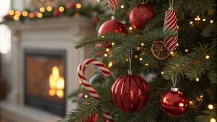 Festive christmas tree adorned with red ornaments and candy canes cozy living room holiday decor warm ambiance close-up view