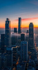 Fototapeta premium Cityscape at Dawn: Skyscrapers Emerging from Mist